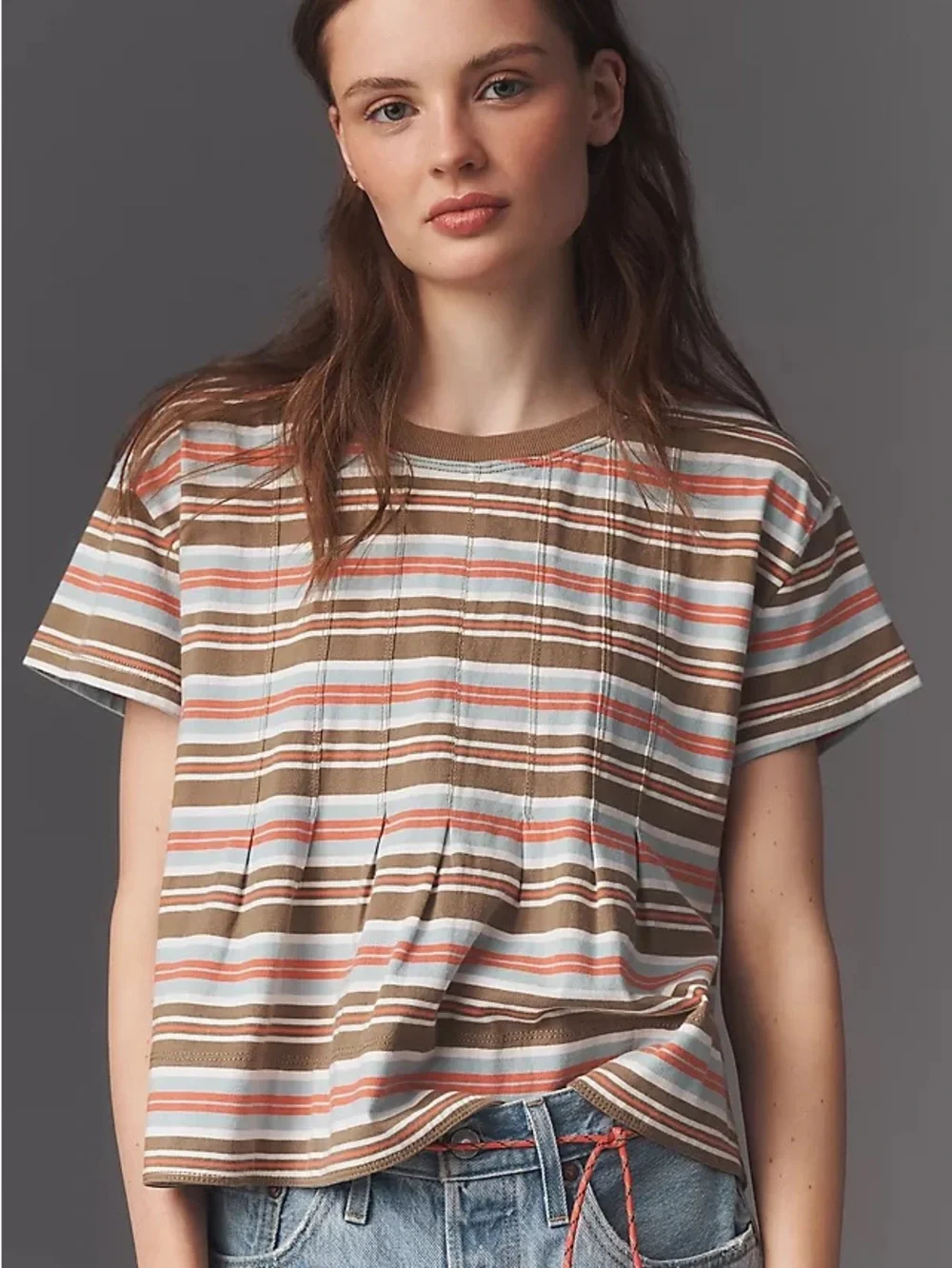 NWT Anthropologie Pilcro Pleated Swing Tee Pink Sporty Stripe Size XL